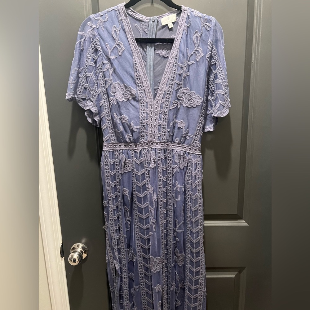 Size medium floor length dress, romper is underneath & back is open